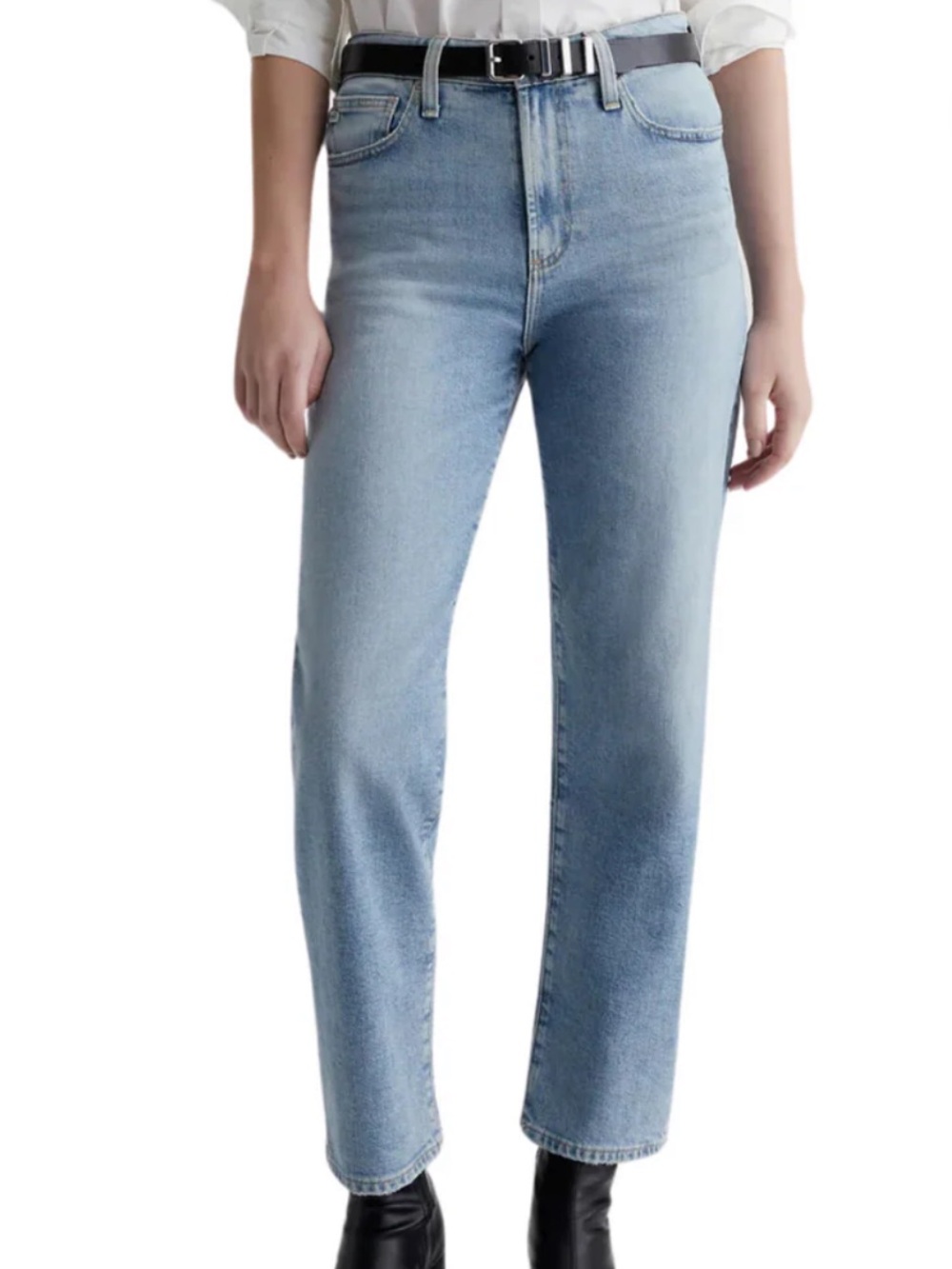 AG Women’s “Rian” High-Rise Straight Jeans in light blue denim - Size 27